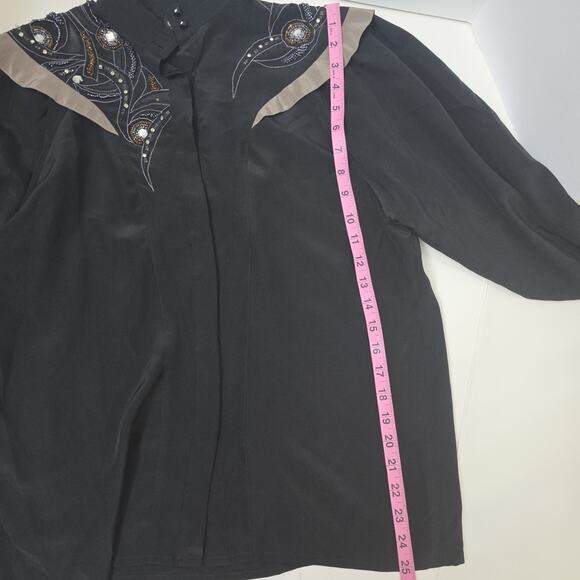 Vintage 90s Black Silk Blouse Beaded Rhinestone Western Glam Yoke Women’s S/M - Picture 6 of 7